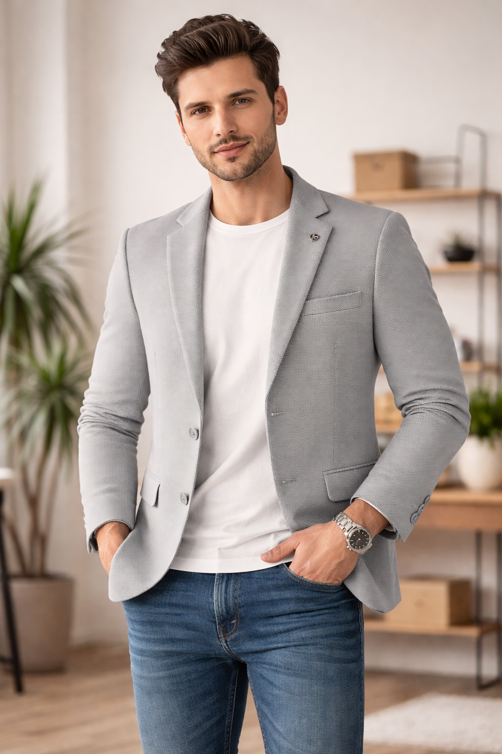 Men’s Light Grey Textured Casual Blazer