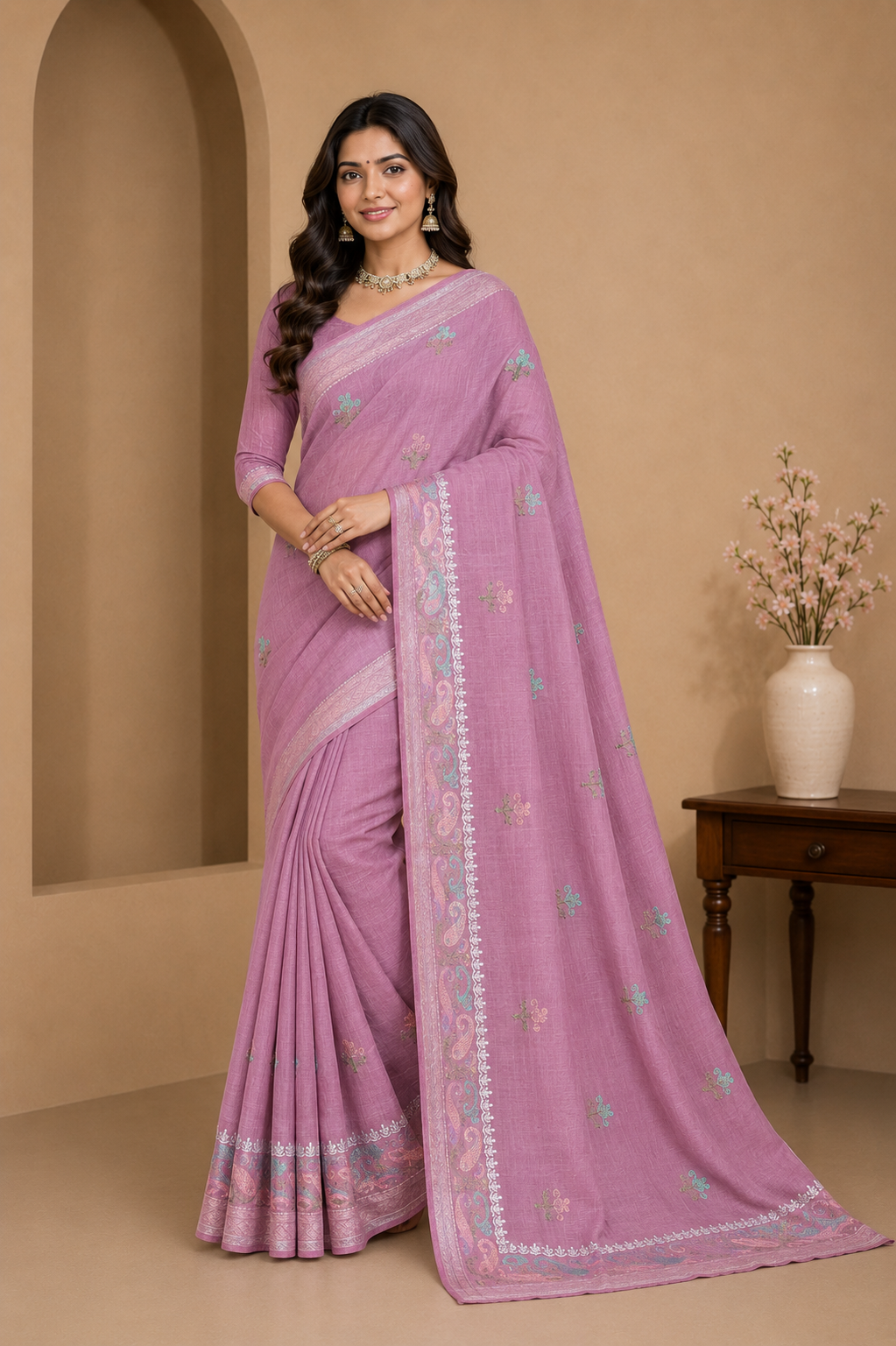Women LIGHT BLUE Linen Blend Saree with Elegant Woven Border