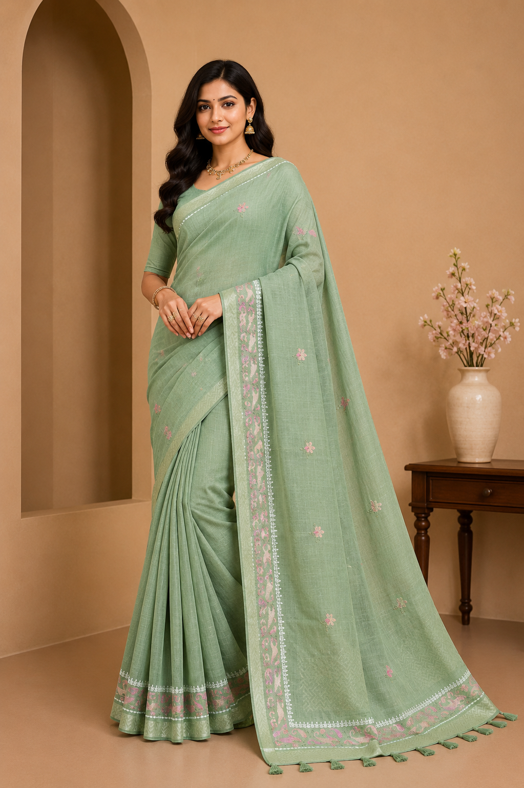 Women LIGHT BLUE Linen Blend Saree with Elegant Woven Border