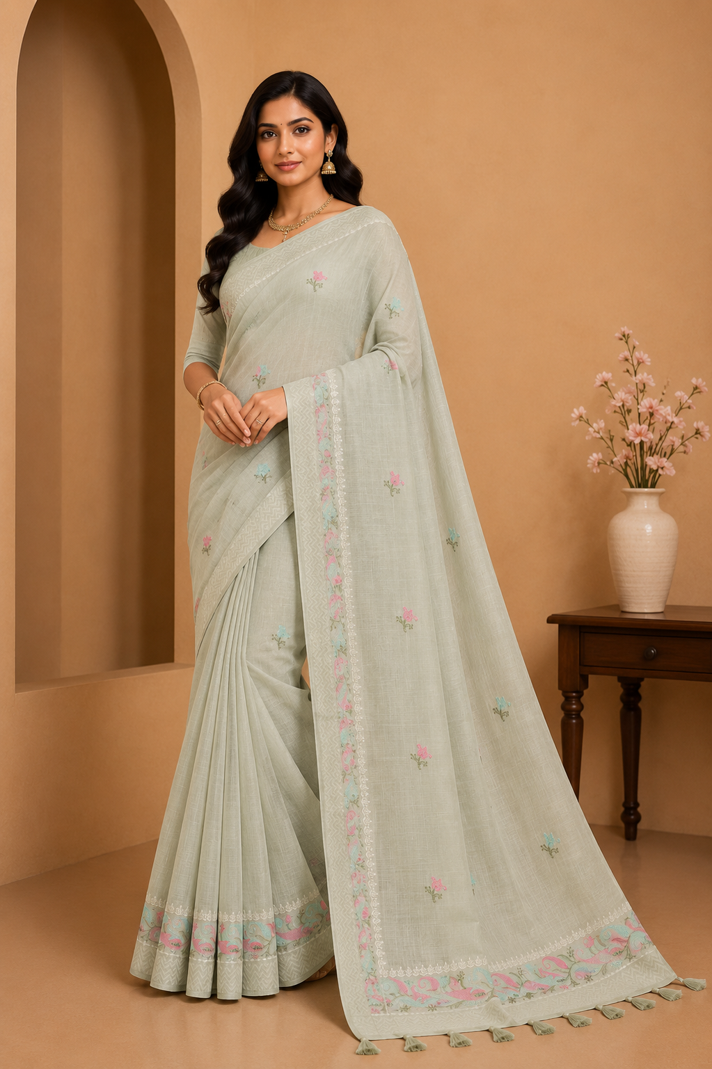 Women Dusty Pink Linen Blend Saree with Elegant Woven Border
