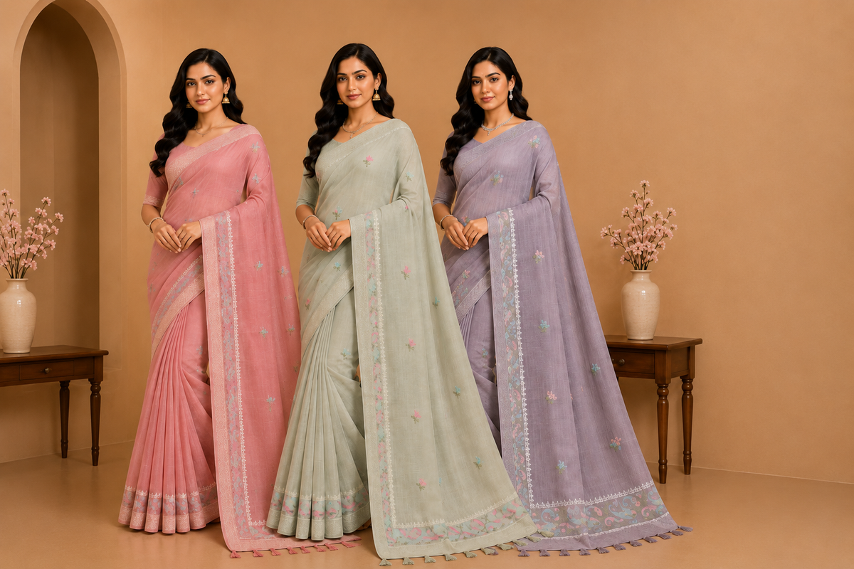 Women Dusty Pink Linen Blend Saree with Elegant Woven Border