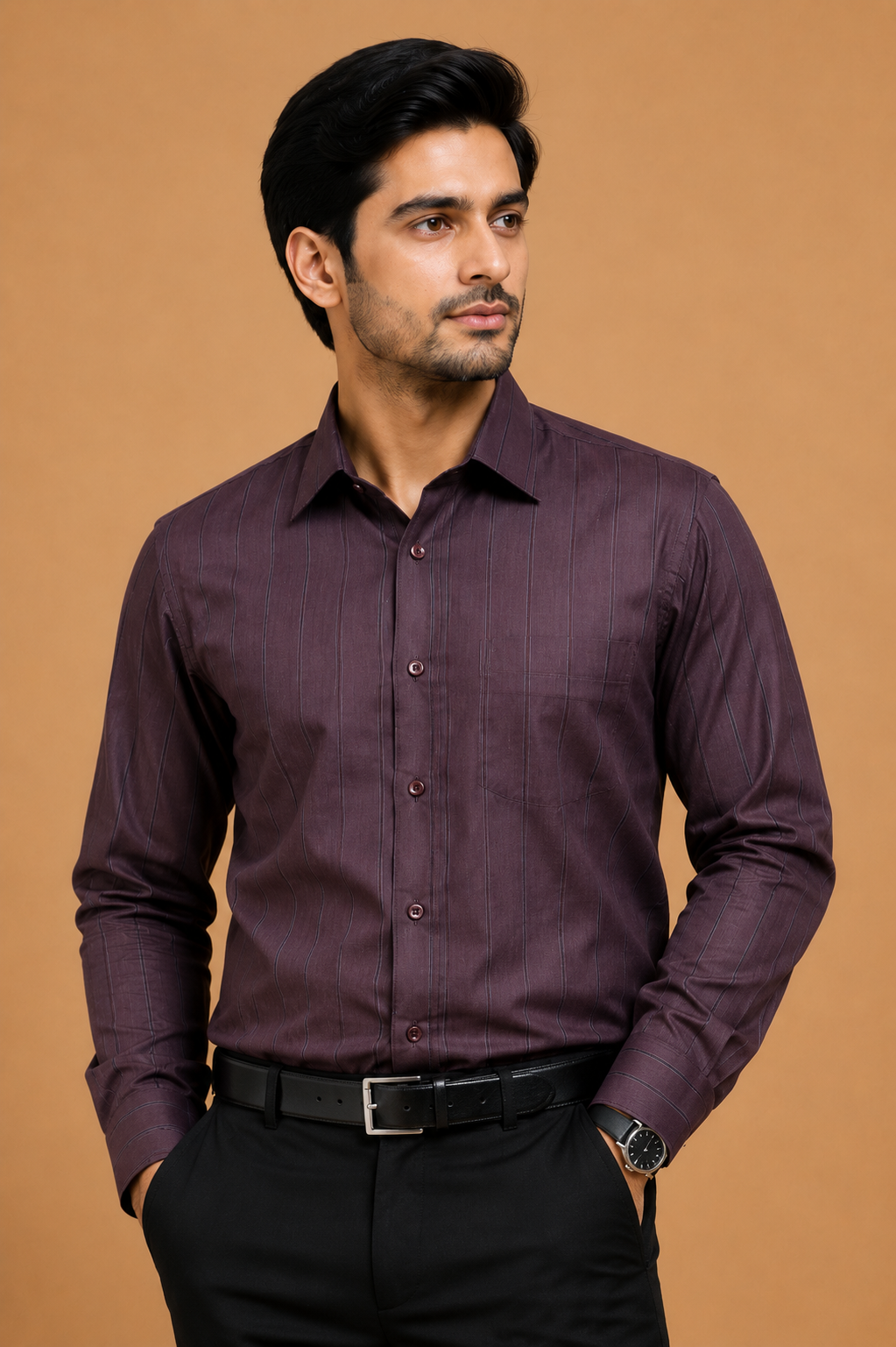 Classic Wine Brown Striped Formal Shirt for Men