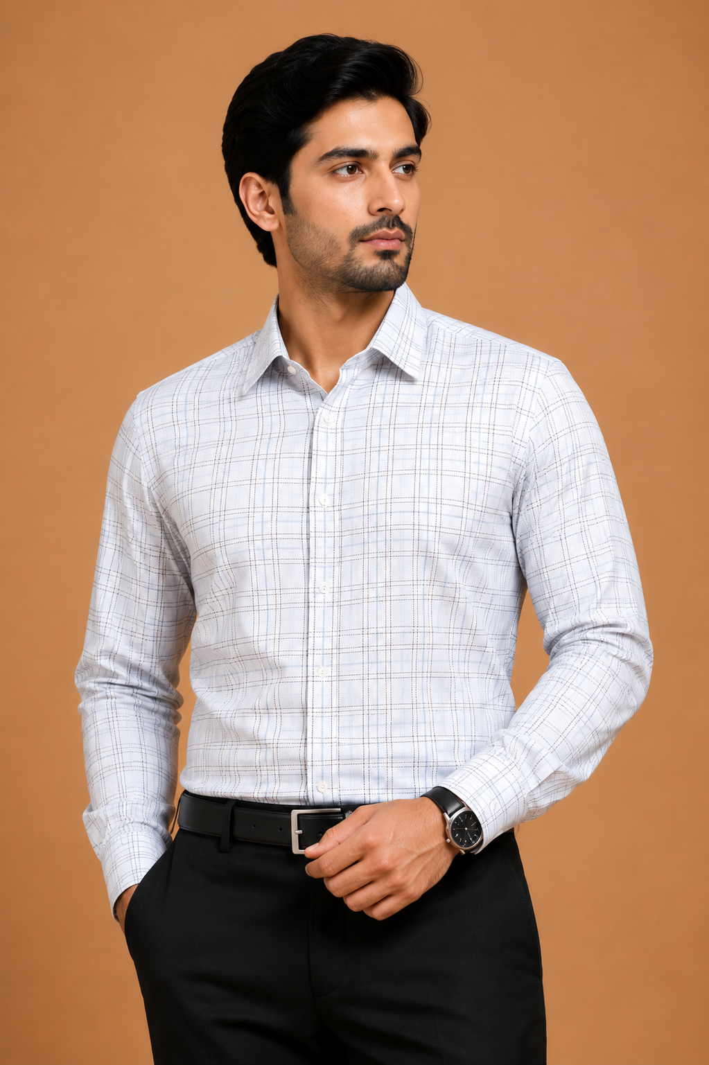 Elegant White Checked Formal Shirt for Men