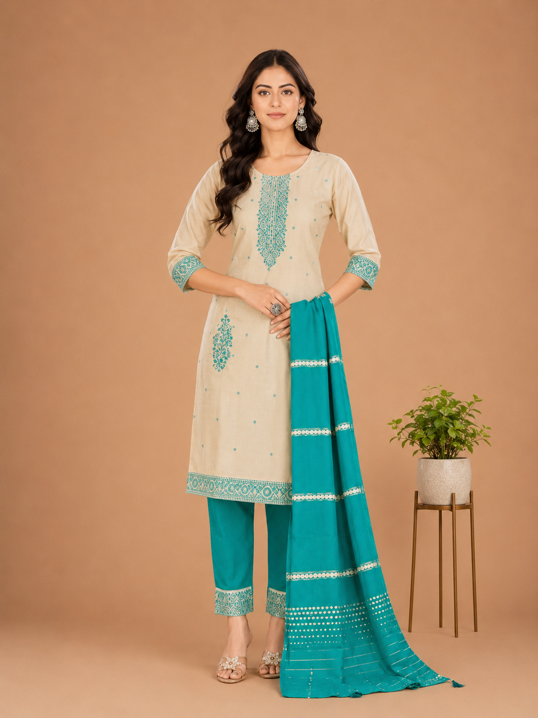 Elegant Beige & Purple Embroidered Kurta Pant Dupatta Set for Women