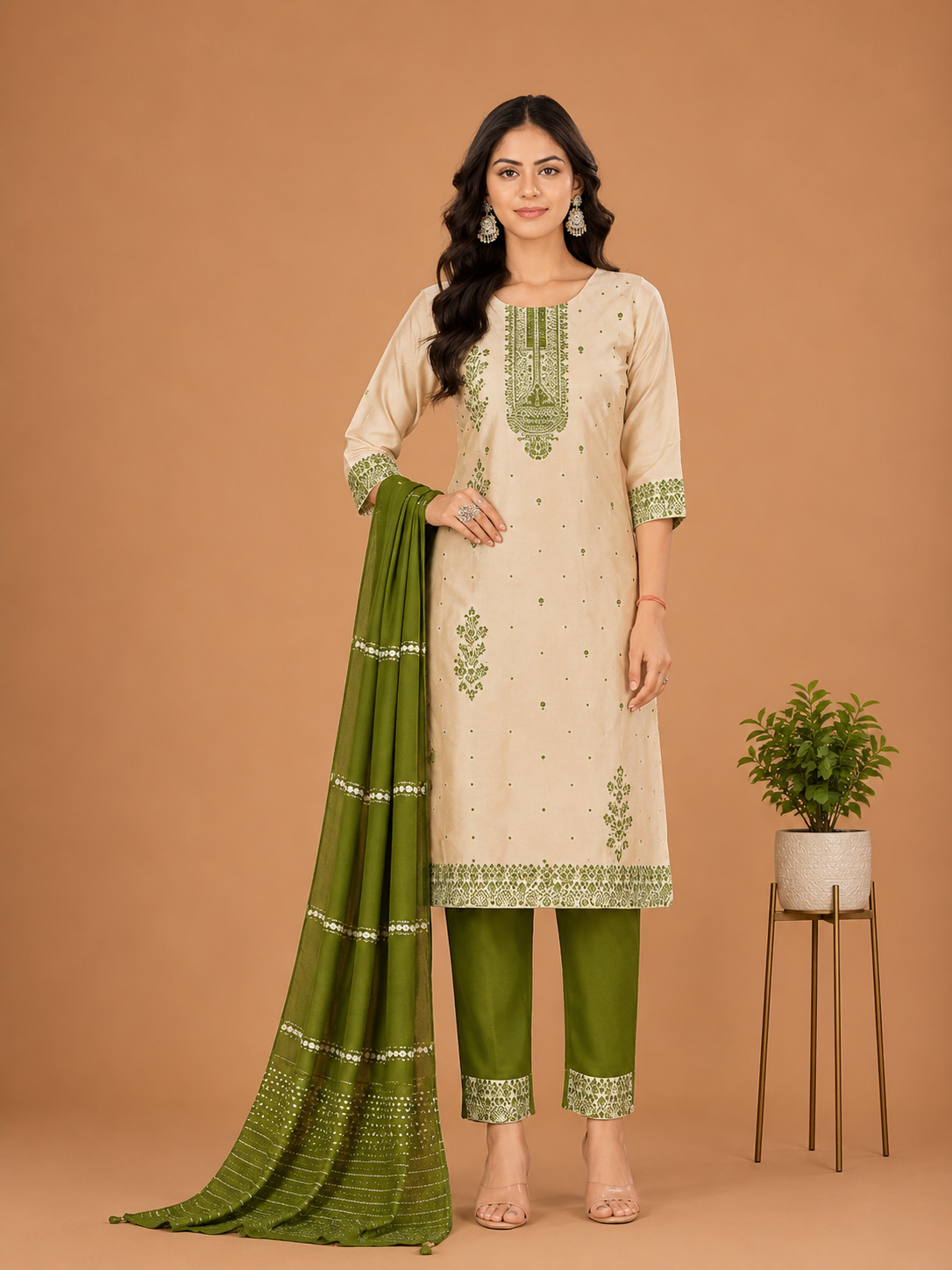 Elegant Beige & Purple Embroidered Kurta Pant Dupatta Set for Women