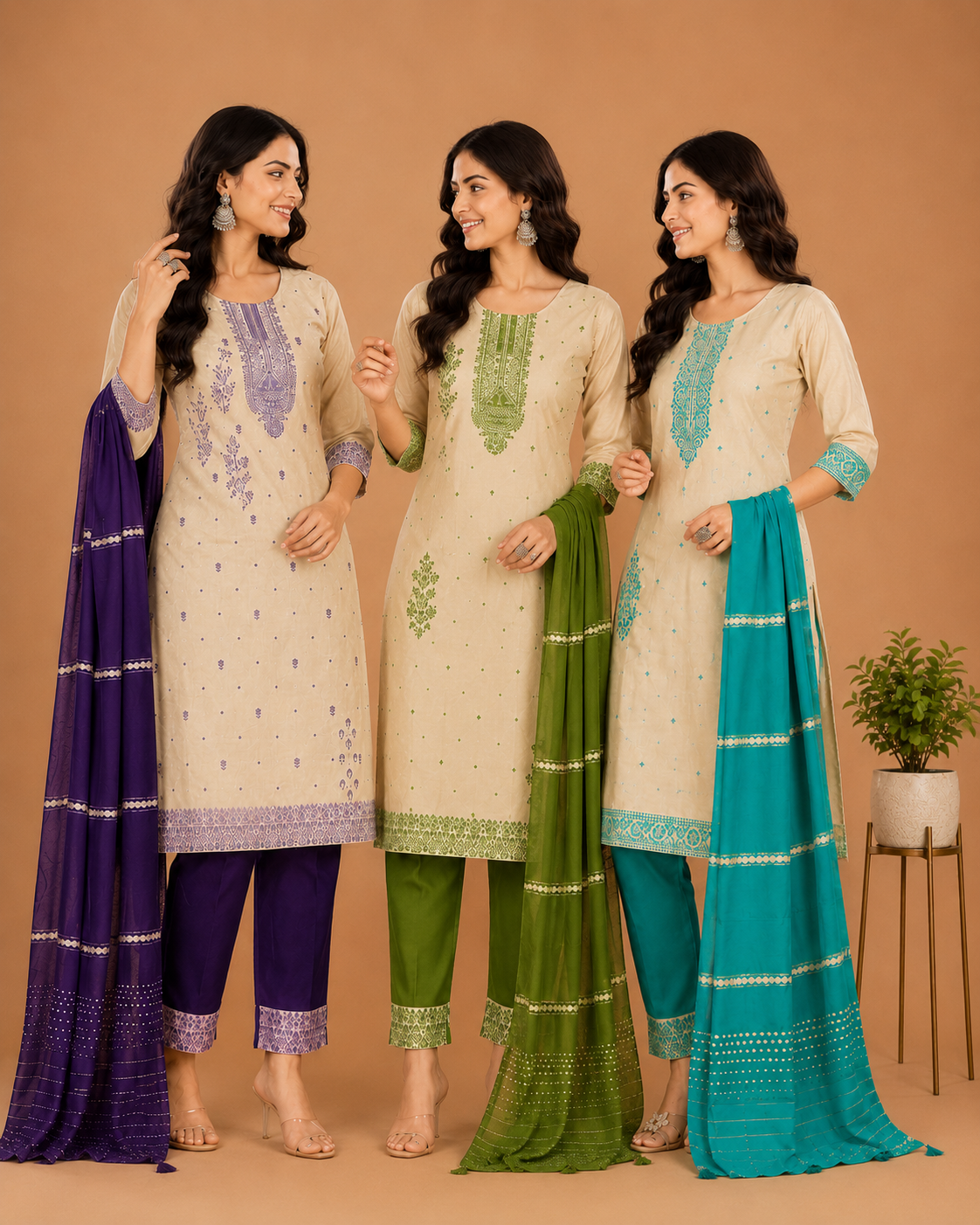 Elegant Beige & Purple Embroidered Kurta Pant Dupatta Set for Women