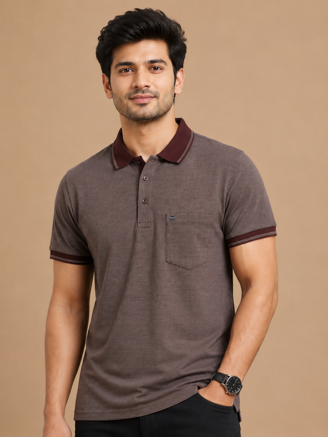 Men’s Coffee Brown Striped Polo T-Shirt
