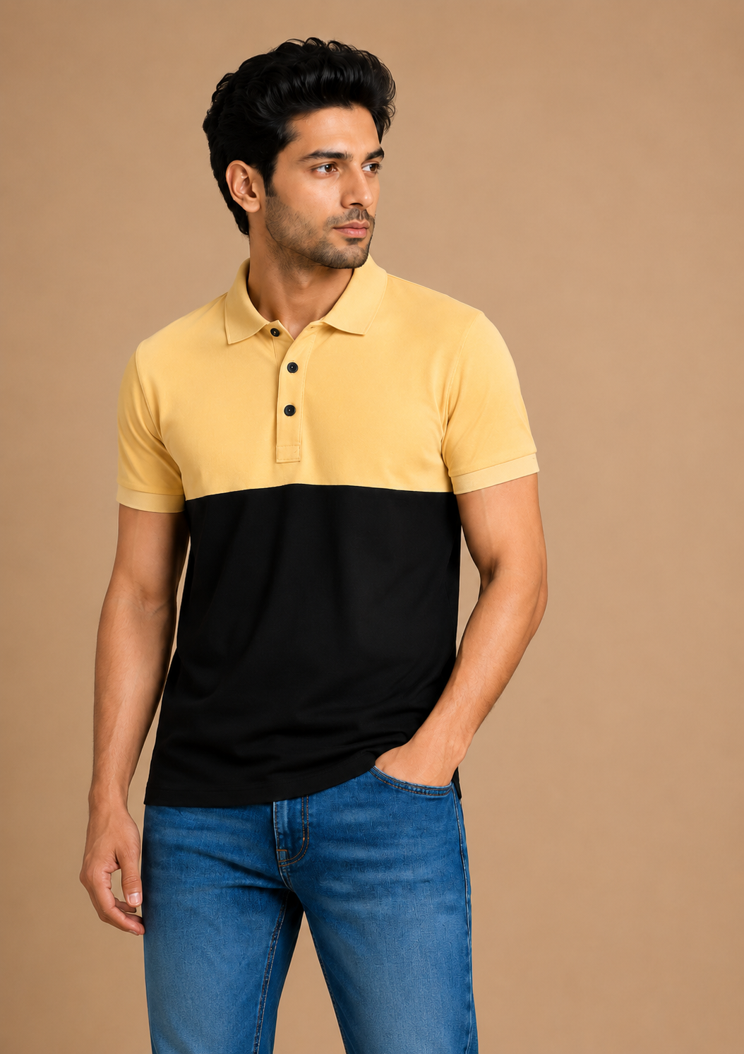 Men’s Beige & Black Colorblock Polo T-Shirt