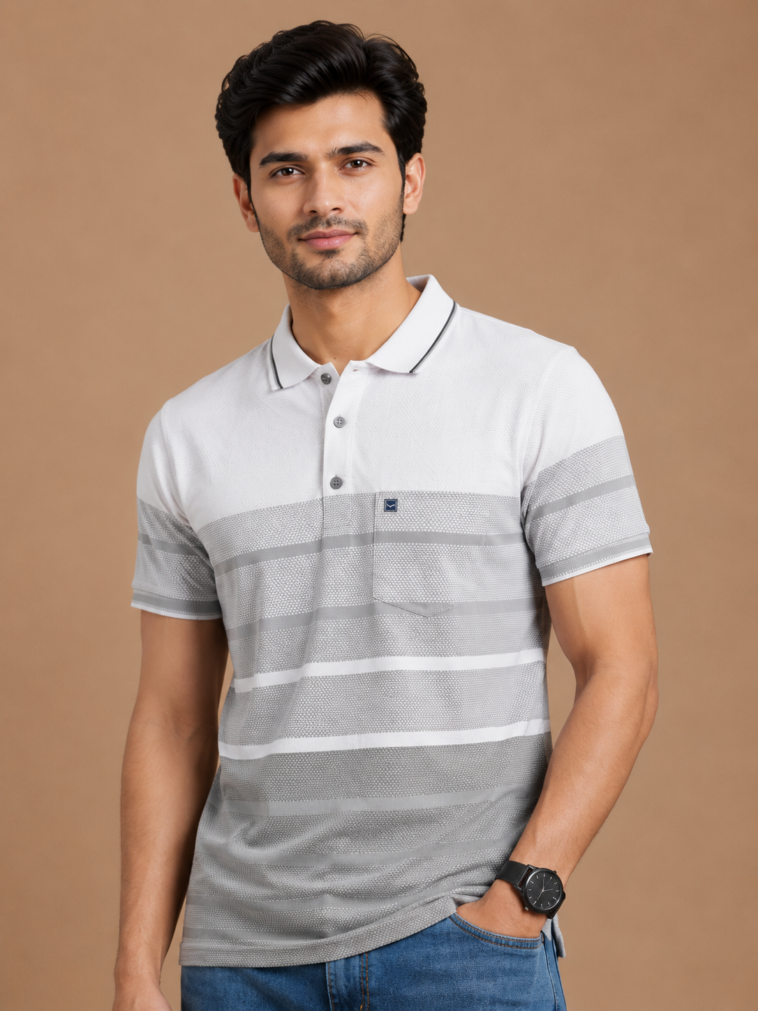 Men’s White & Grey Striped Polo T-Shirt
