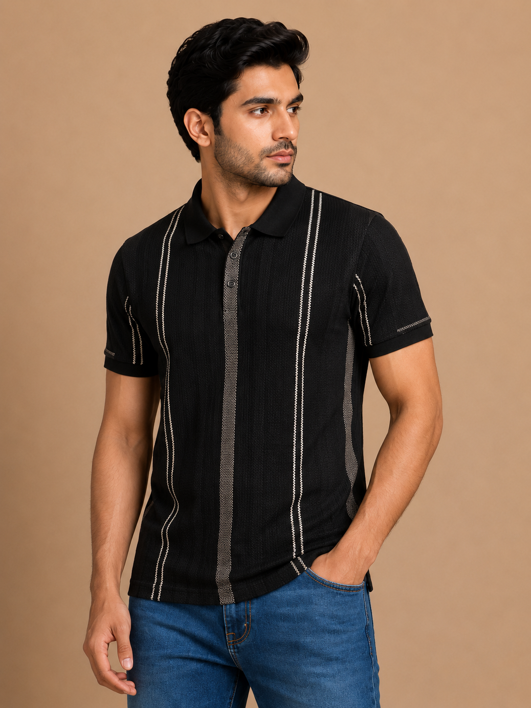 Men’s Black Textured Stripe Polo T-Shirt