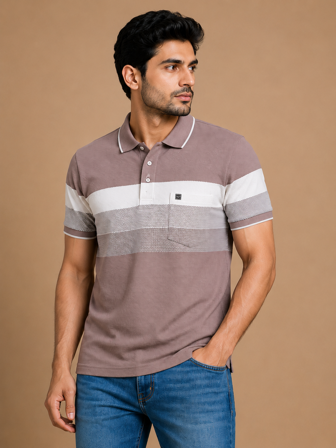 Men’s Mauve & White Striped Polo T-Shirt