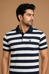 Men’s Navy Blue & White Horizontal Stripe Polo T-Shirt