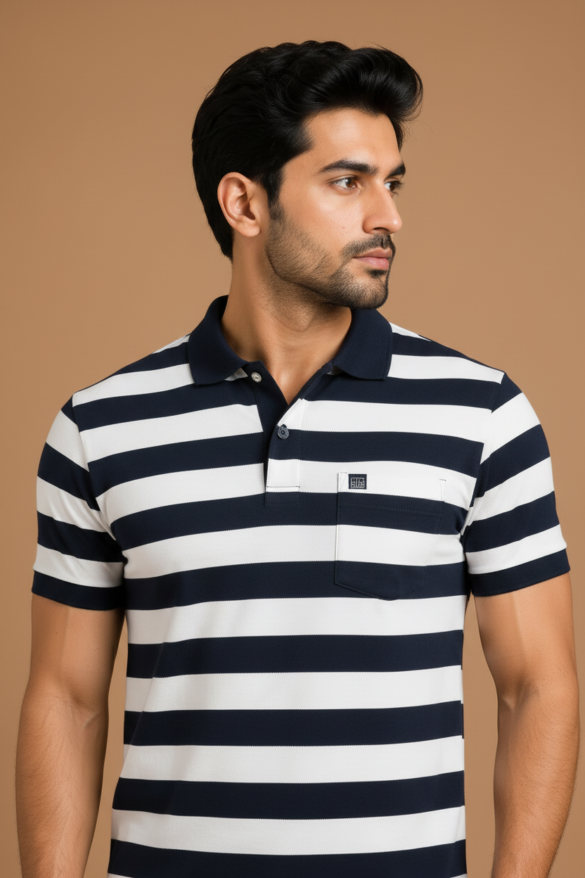 Men’s Navy Blue & White Horizontal Stripe Polo T-Shirt