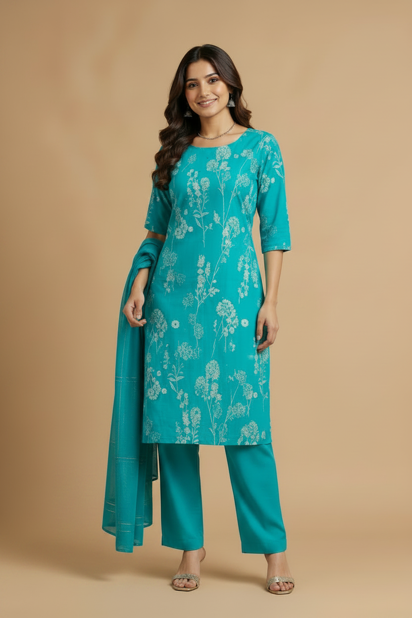 Women’s Magenta Floral Printed Kurti Pant Dupatta Set