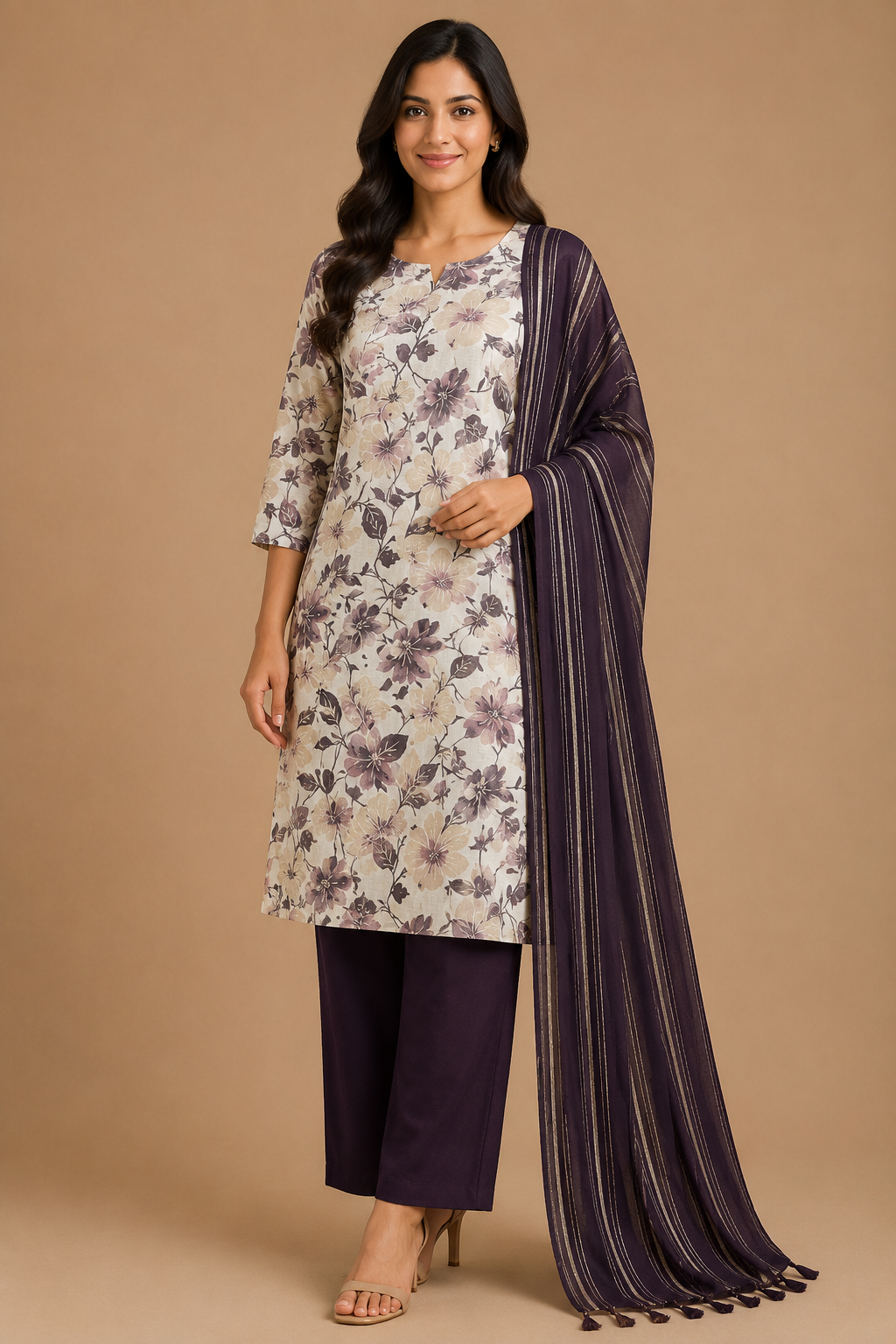 Women’s Magenta Floral Printed Kurti Pant Dupatta Set