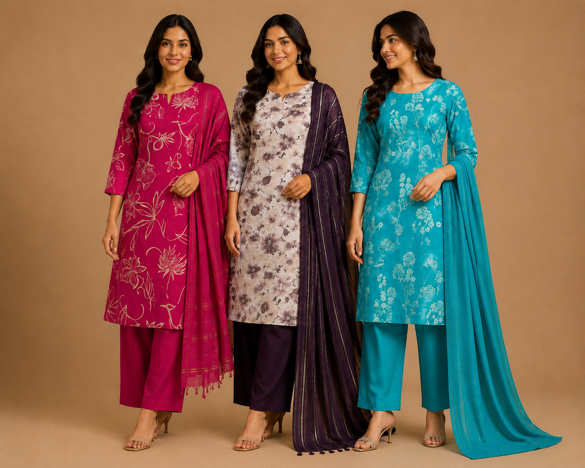 Women’s Magenta Floral Printed Kurti Pant Dupatta Set
