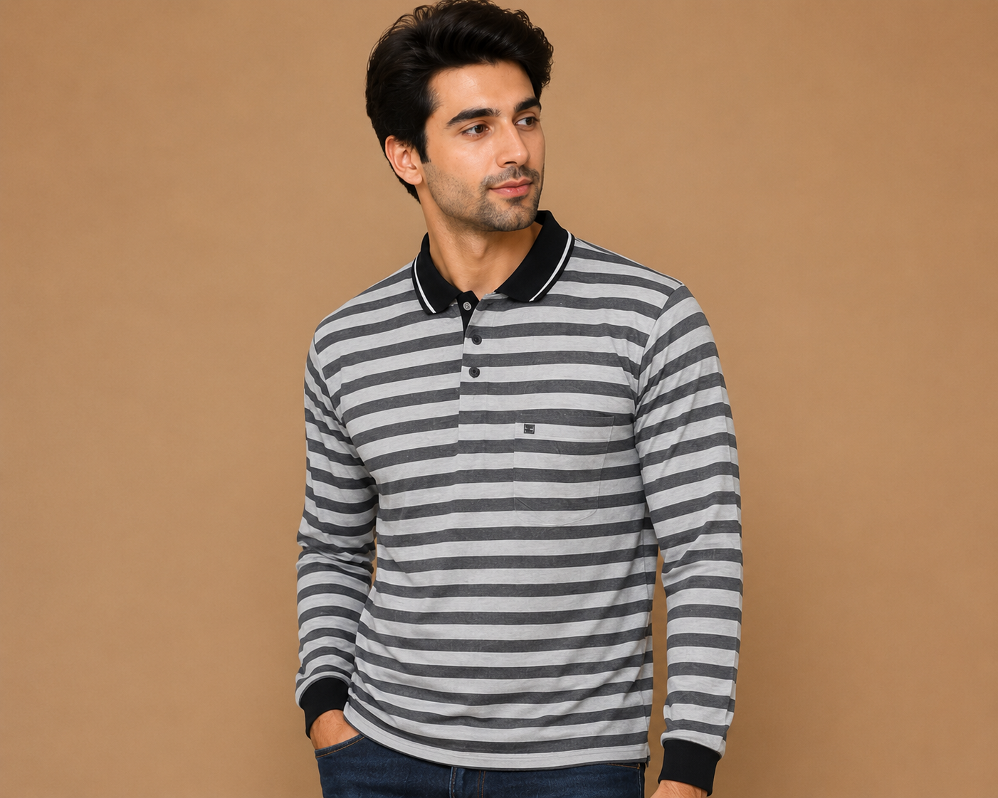 Men’s Grey & White Horizontal Striped Full Sleeve Polo T-Shirt