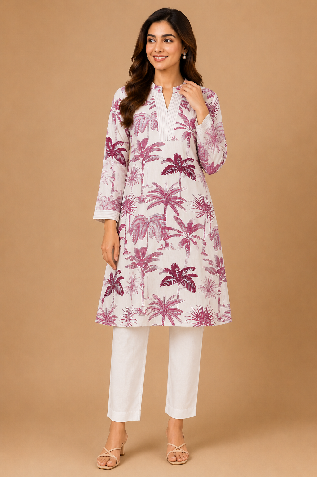 Women’s Green Palm Print Co-Ord Set with White Pant