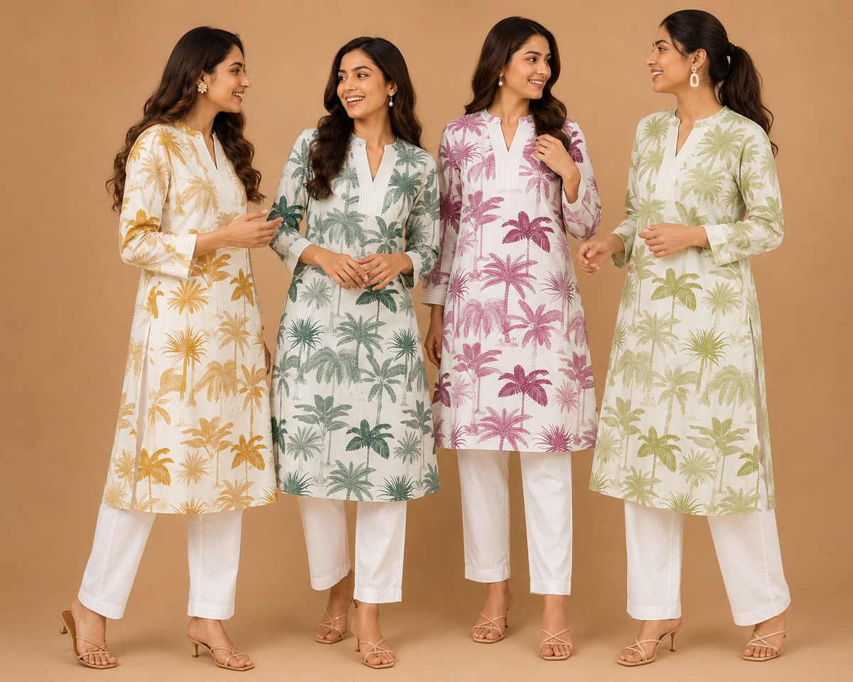 Women’s Green Palm Print Co-Ord Set with White Pant