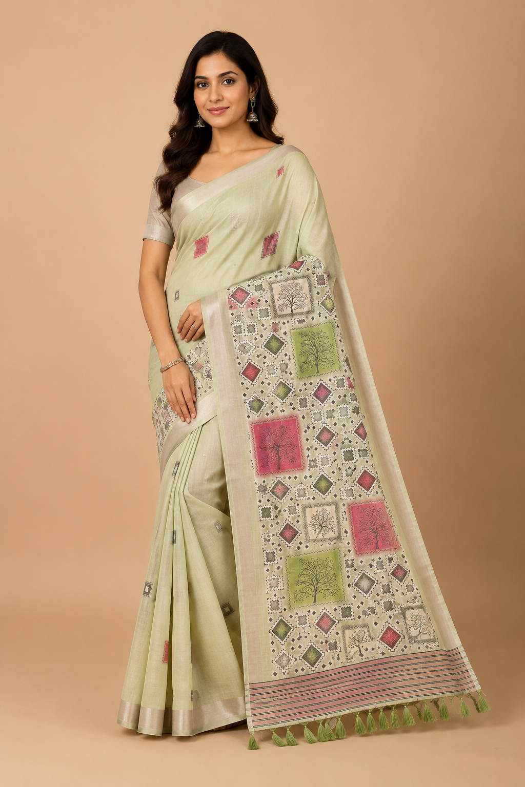 Women’s Pastel Yellow Printed Linen Blend Saree with Designer Pallu