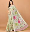 Women’s Pastel Yellow Printed Linen Blend Saree with Designer Pallu
