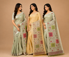Women’s Pastel Yellow Printed Linen Blend Saree with Designer Pallu