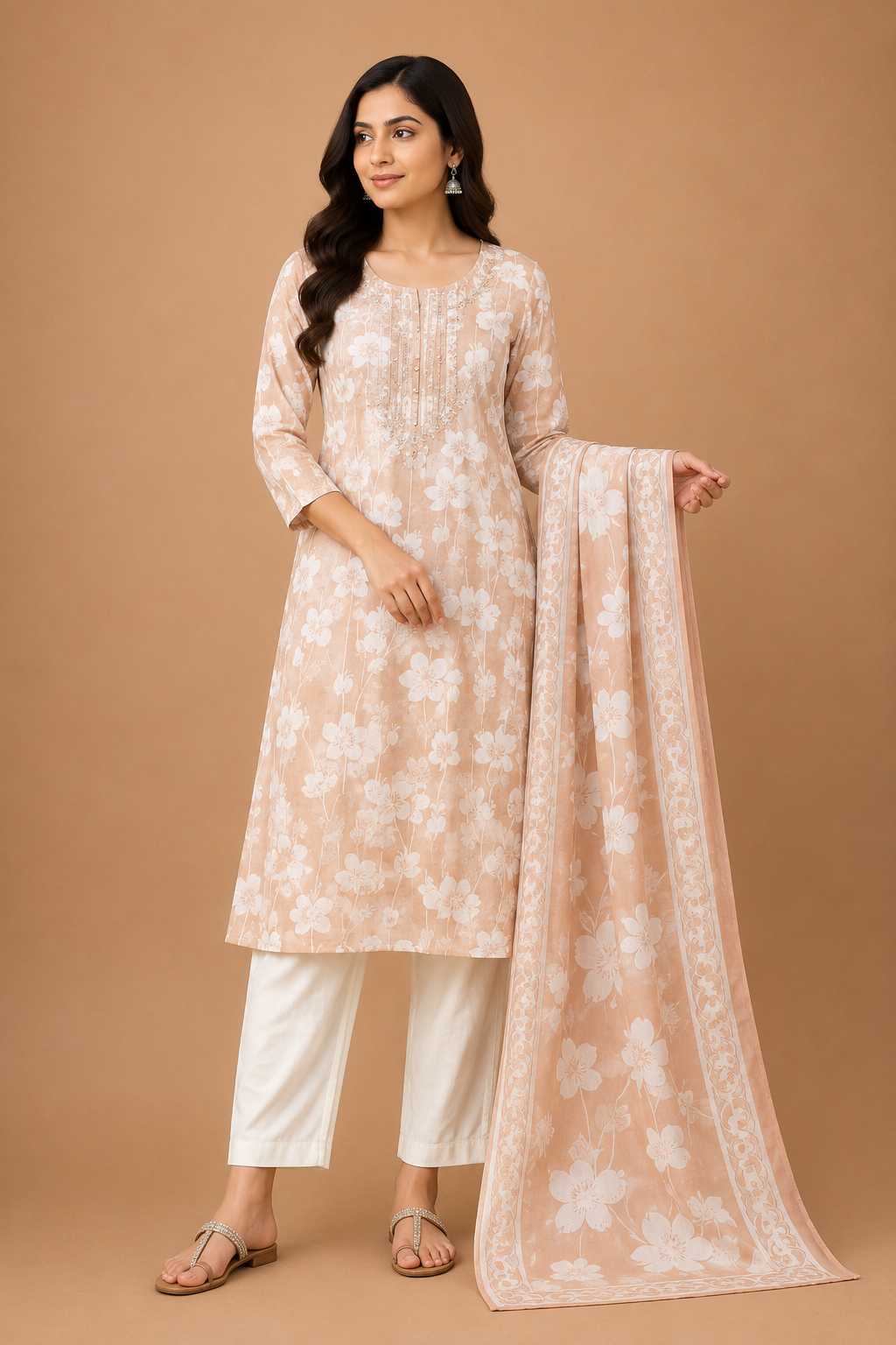 Women’s Grey Floral Printed Dupatta Bottom Set