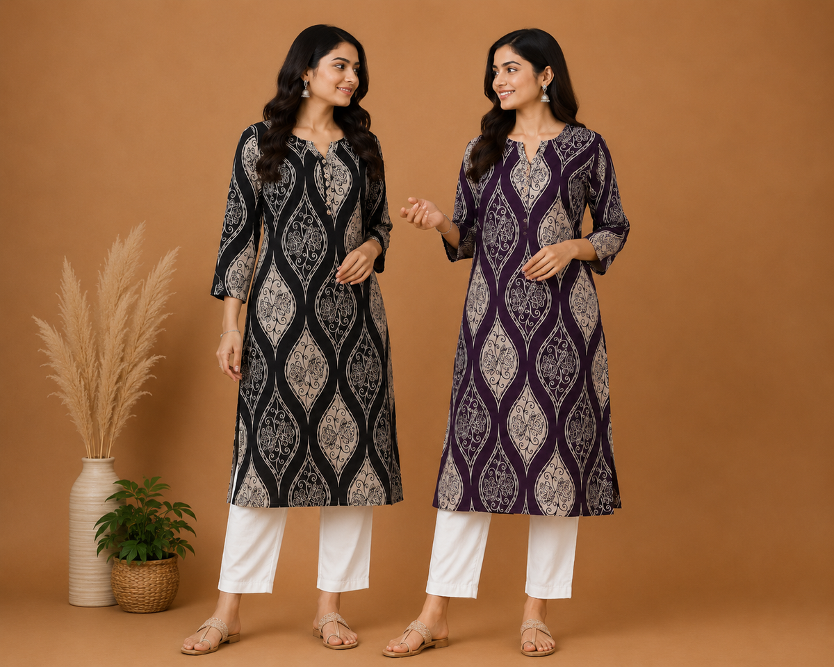 C'LAI Women's Purple Ethnic Printed Straight Kurti  Description: