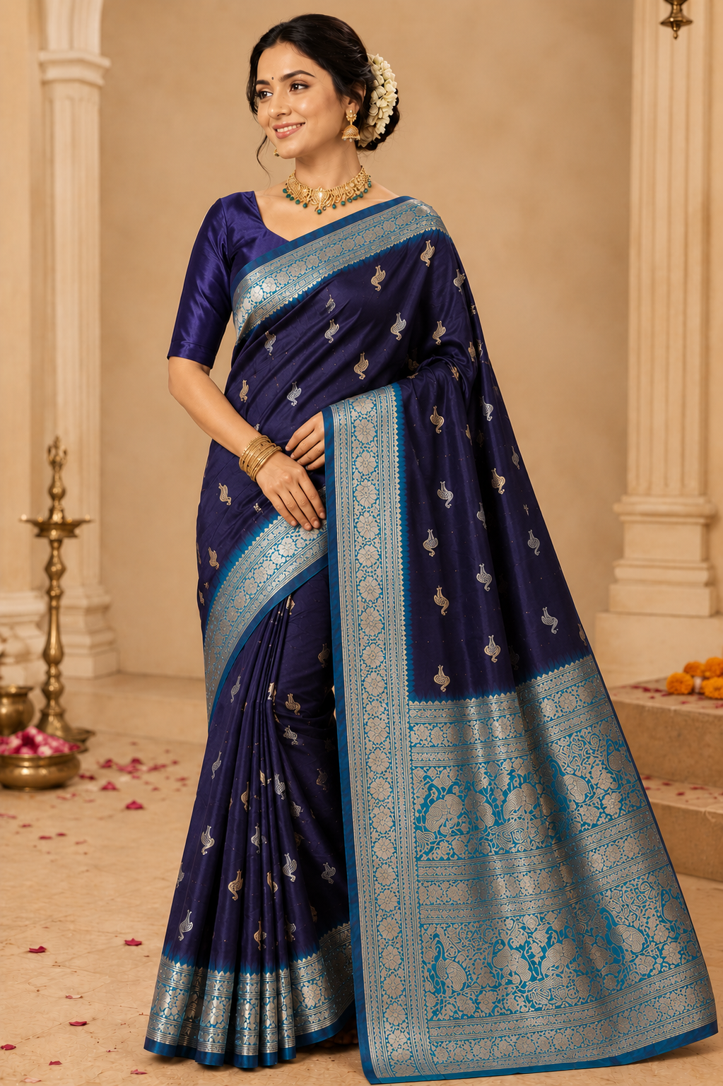 Women’s Green & Purple Banarasi Style Silk Saree