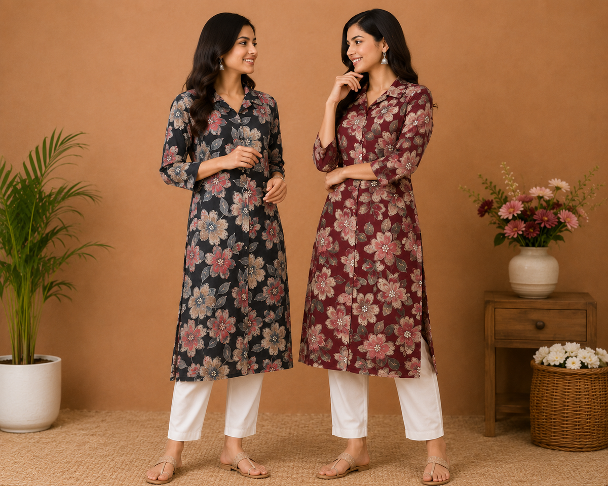 Women’s Charcoal Grey Floral Printed Straight Kurti