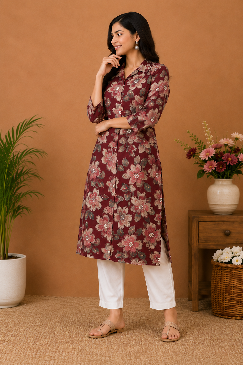 Women’s Charcoal Grey Floral Printed Straight Kurti