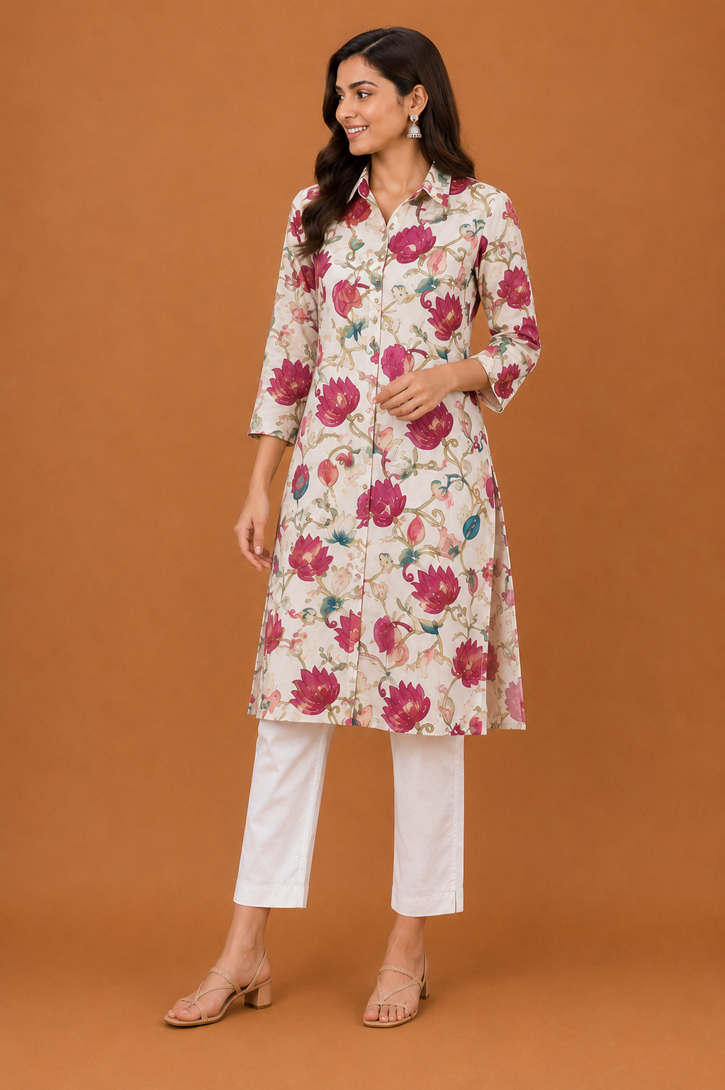 Women’s Off White & Turquoise Floral Printed Straight Kurti
