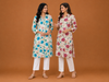Women’s Off White & Turquoise Floral Printed Straight Kurti
