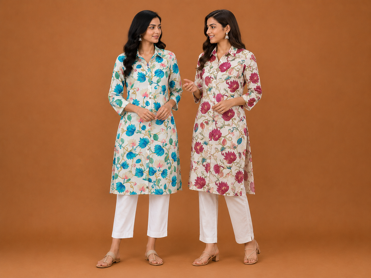 Women’s Off White & Turquoise Floral Printed Straight Kurti
