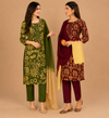 Olive Green Floral Printed Dupatta Bottom Set