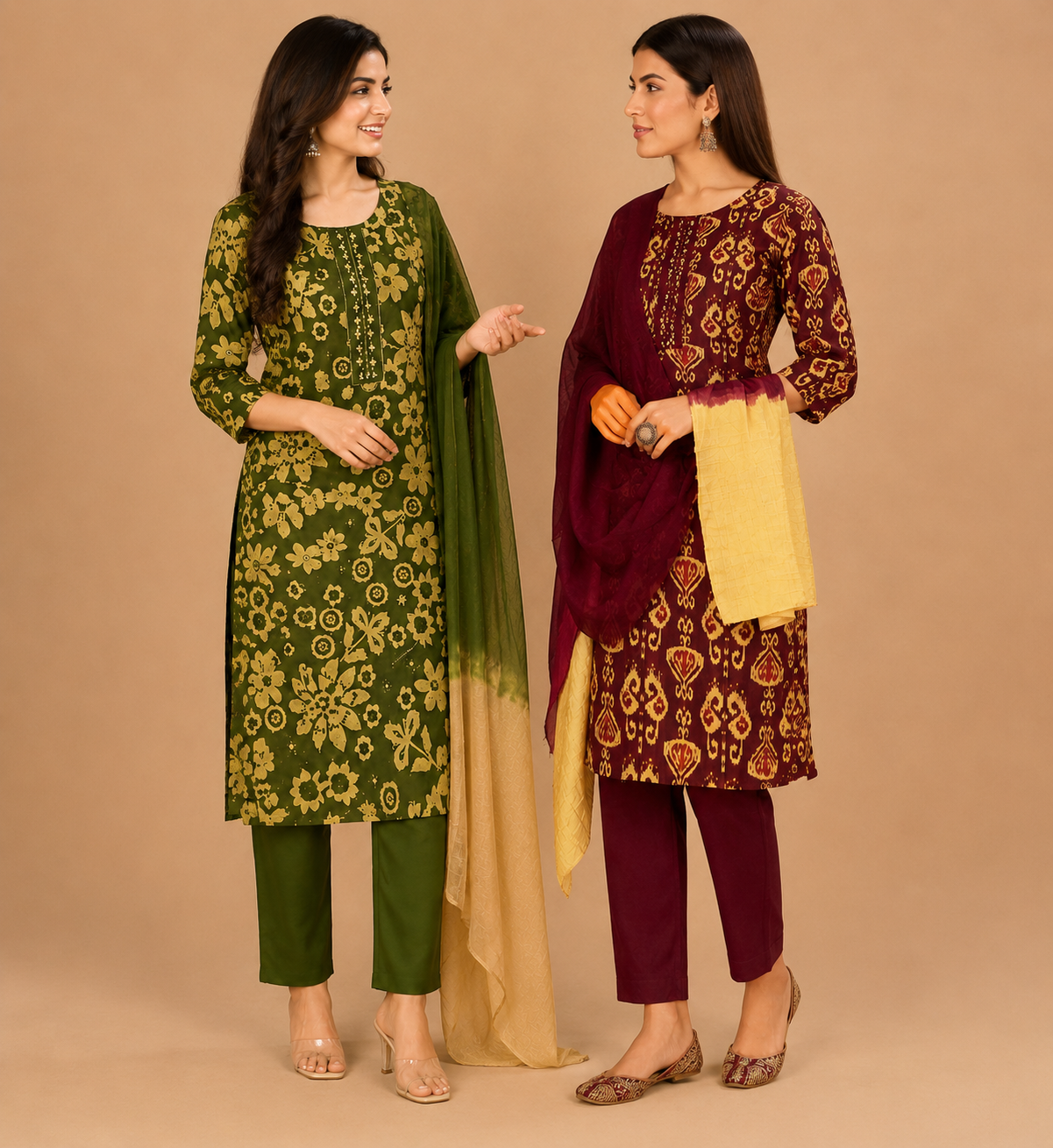 Olive Green Floral Printed Dupatta Bottom Set