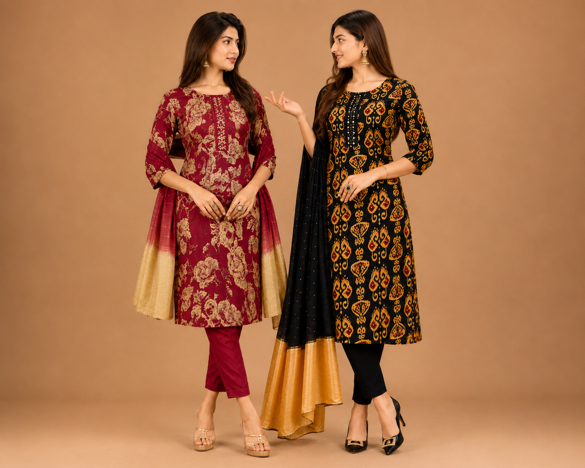 Women’s Black & Mustard Printed Kurta Dupatta Set