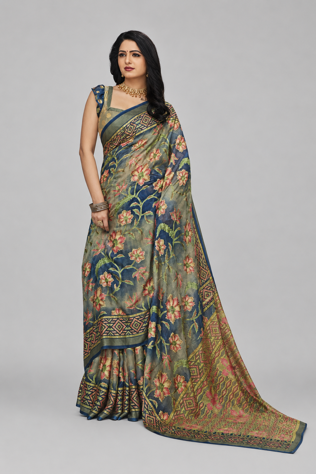 Floral Printed Saree with Geometric Border