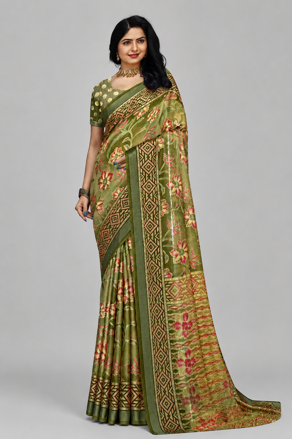Women's Maroon Floral Printed Saree with Geometric Border