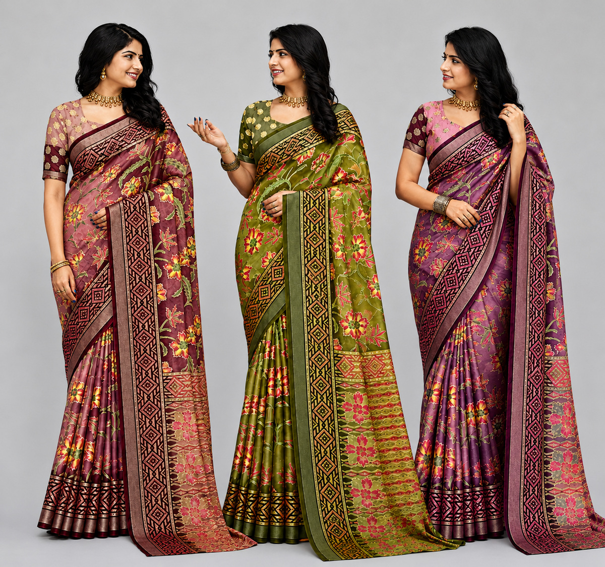 Women's Maroon Floral Printed Saree with Geometric Border