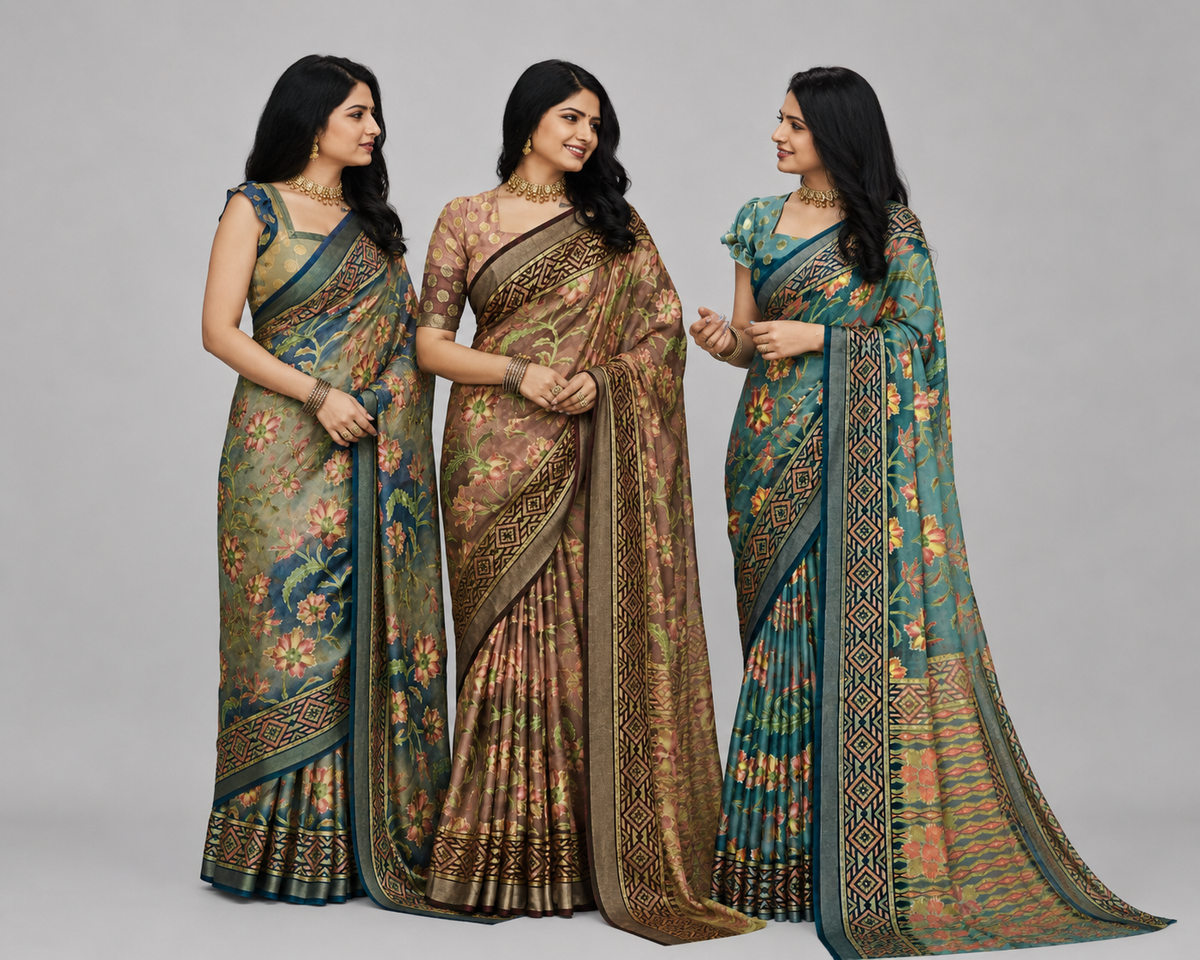 Floral Printed Saree with Geometric Border