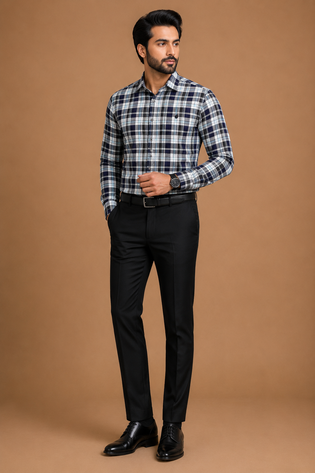 Men's Navy Blue & Grey Checked Formal Shirt