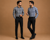 Men's Navy Blue & Grey Checked Formal Shirt