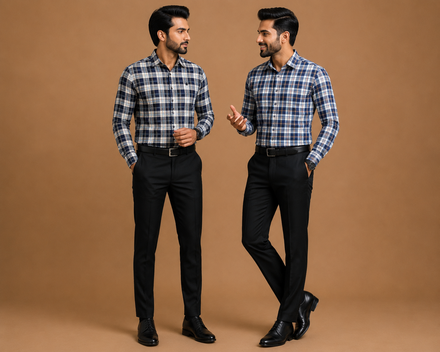 Men's Navy Blue & Grey Checked Formal Shirt