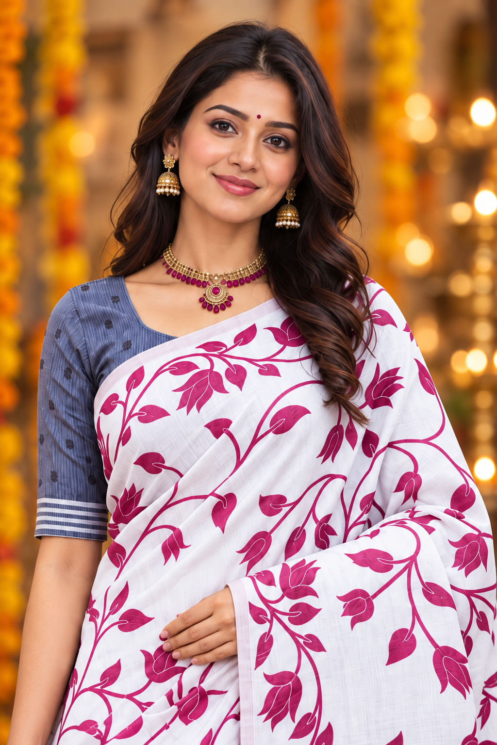 Title: Elegant White & Magenta Floral Print Saree