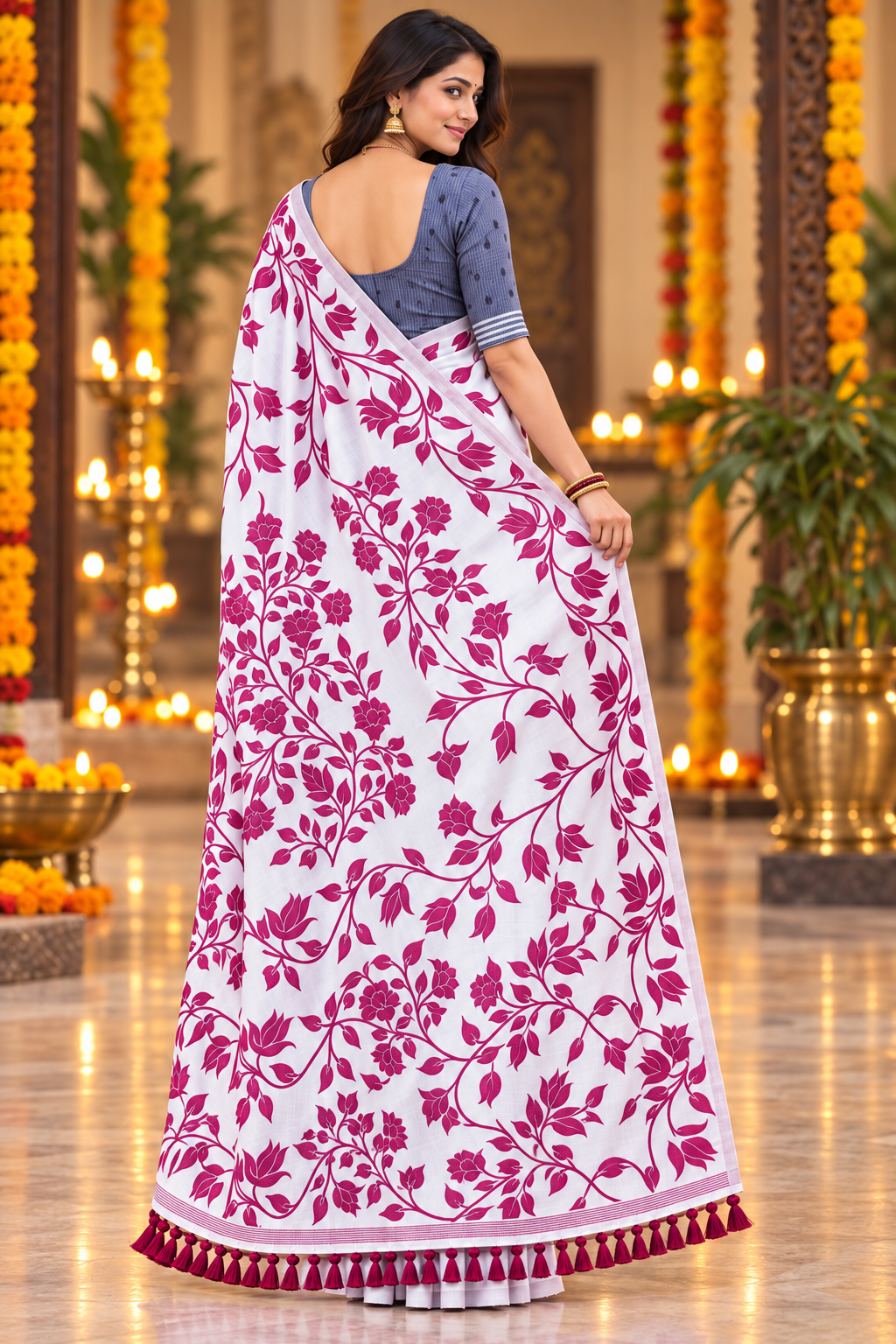 Title: Elegant White & Magenta Floral Print Saree