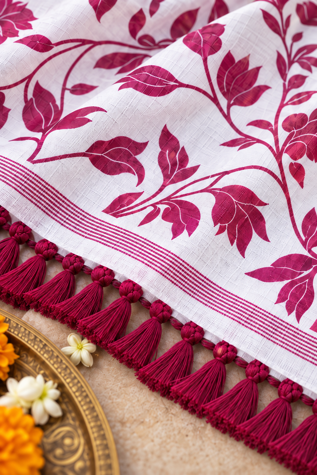 Title: Elegant White & Magenta Floral Print Saree