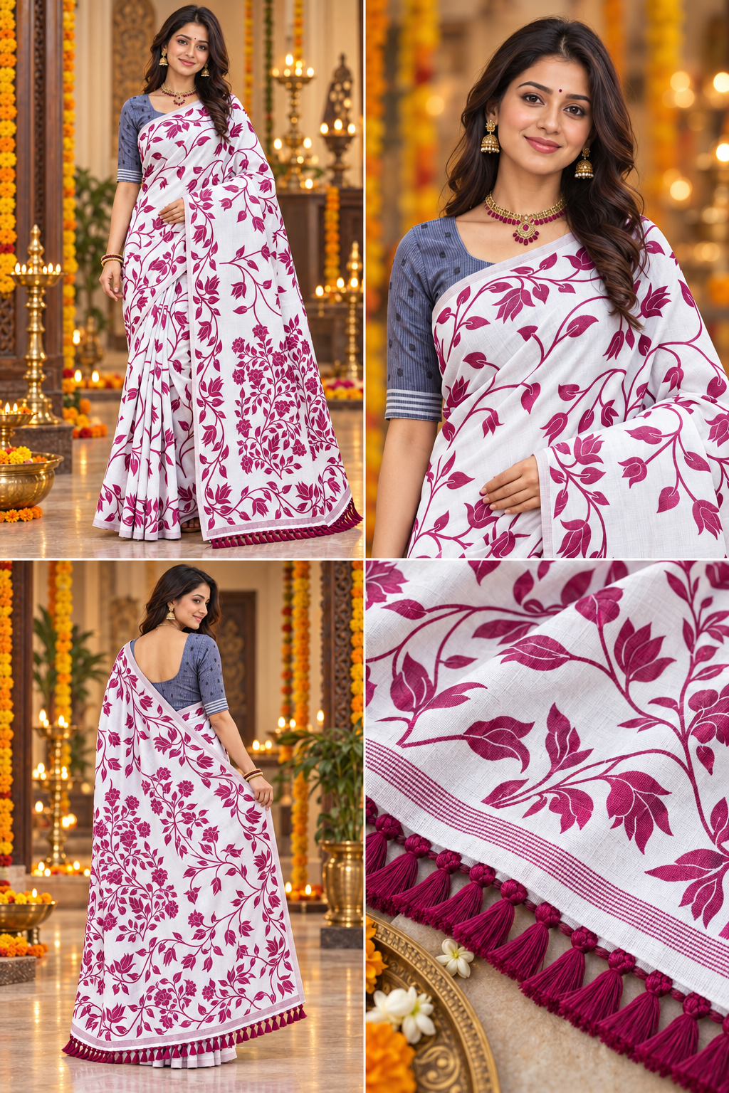 Title: Elegant White & Magenta Floral Print Saree