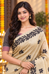 Title: Beige Crane Motif Designer Saree