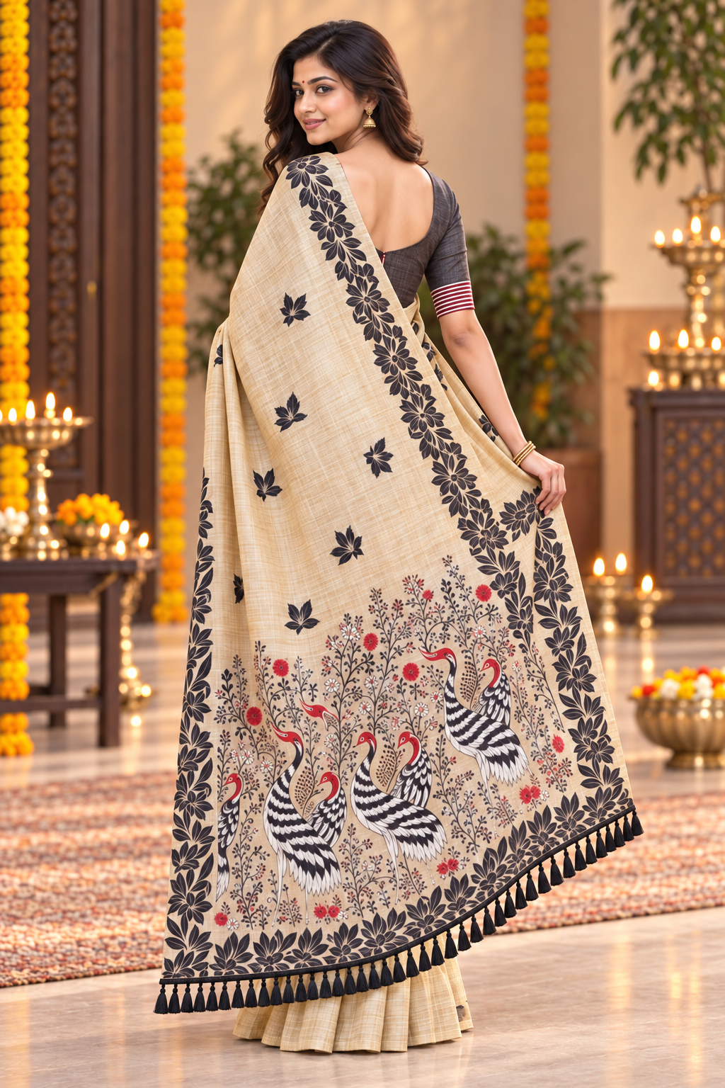 Title: Beige Crane Motif Designer Saree